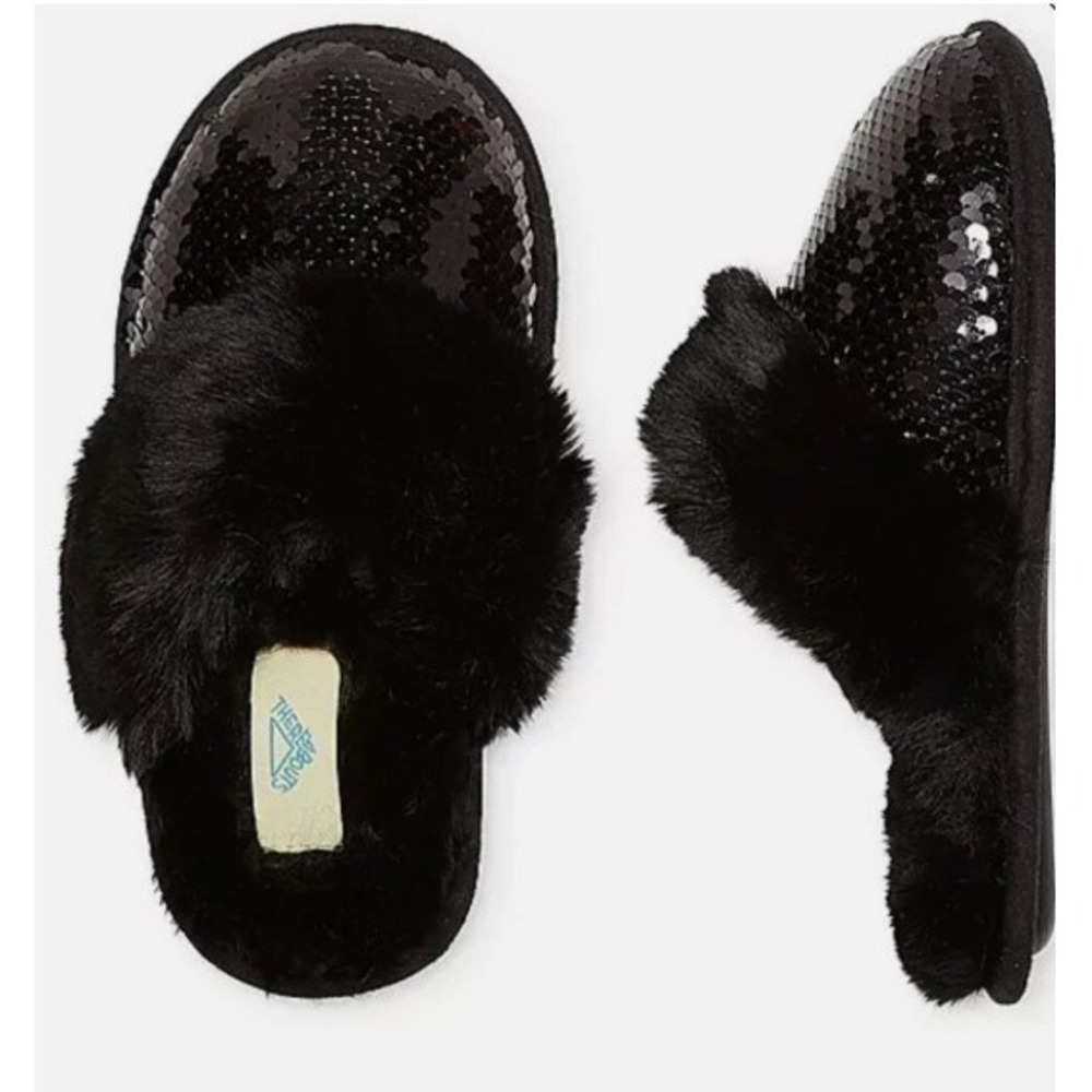 Thereabout Girls Slippers 3 4 Small Black Sequined Cushioned Slip On Spa Shoes